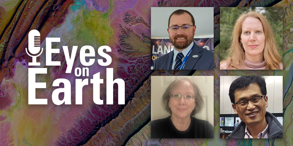 Logo with four mugshots on colorful satellite image background