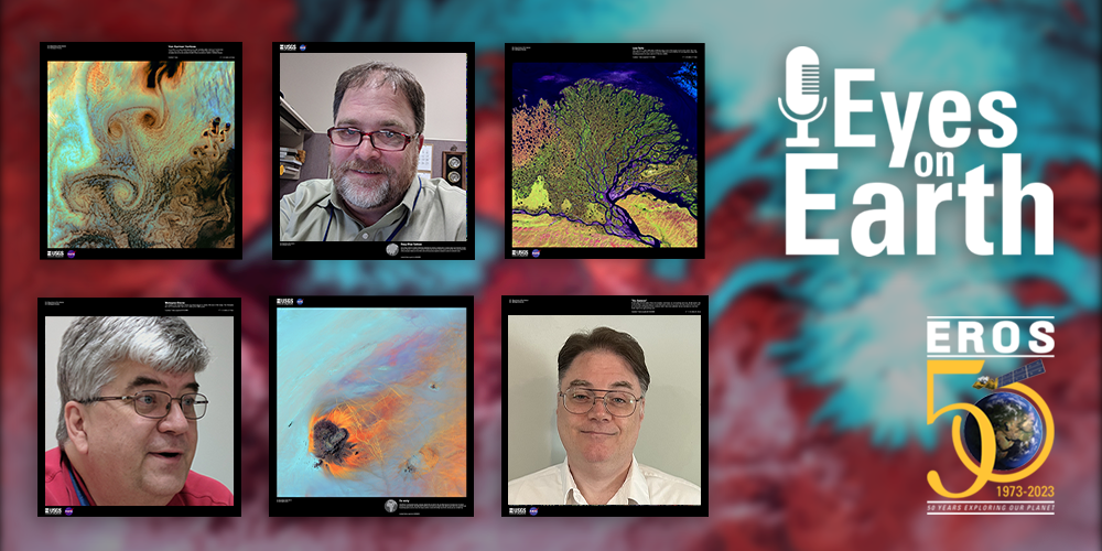 Logo with colorful satellite image background, topped with three men's mugshots and three smaller satellite images