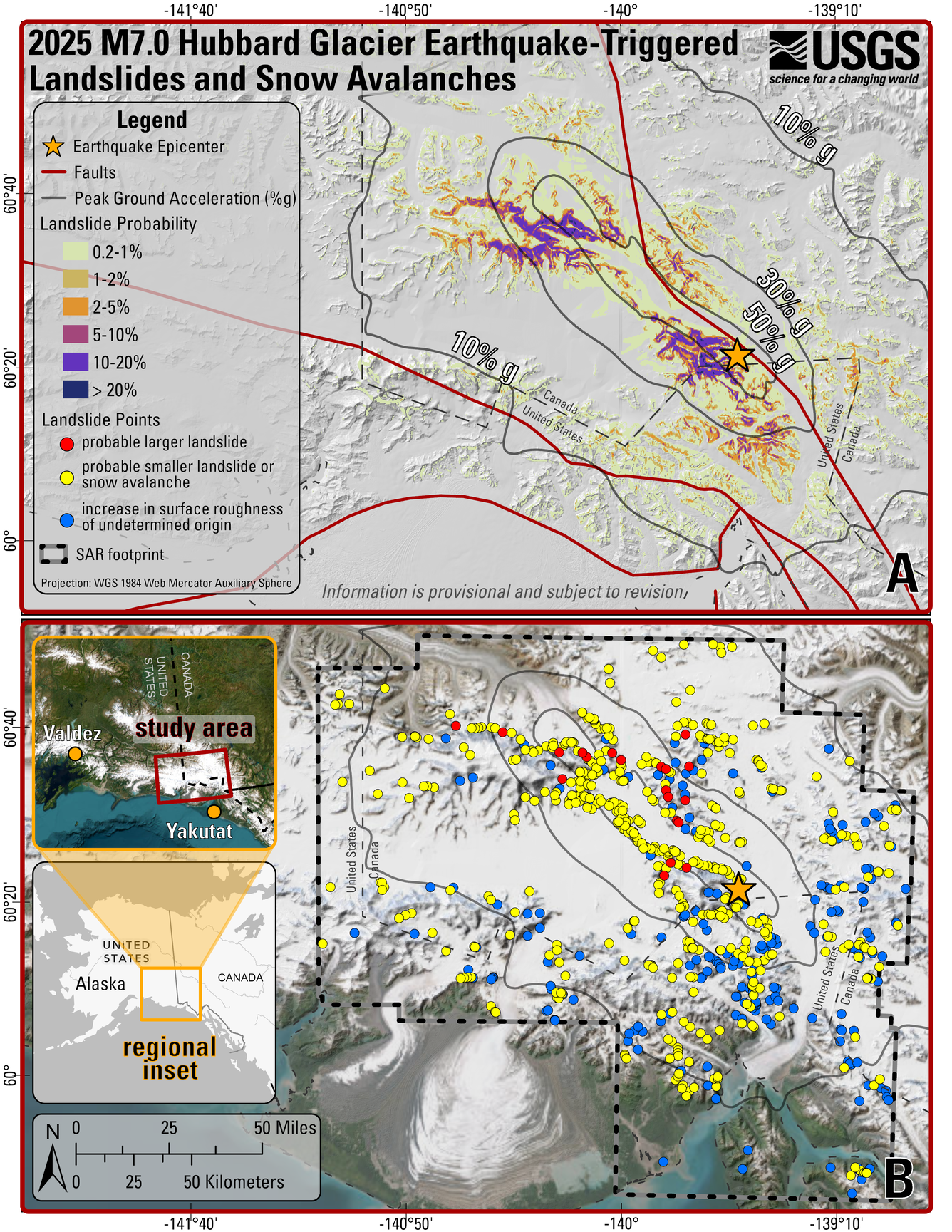 Map showing the earthquake epicenter and landslide probability and landslide points