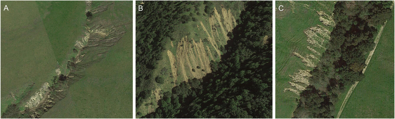 Examples of areas where shallow landslides were mapped as being in contact with stream channels, East Bay