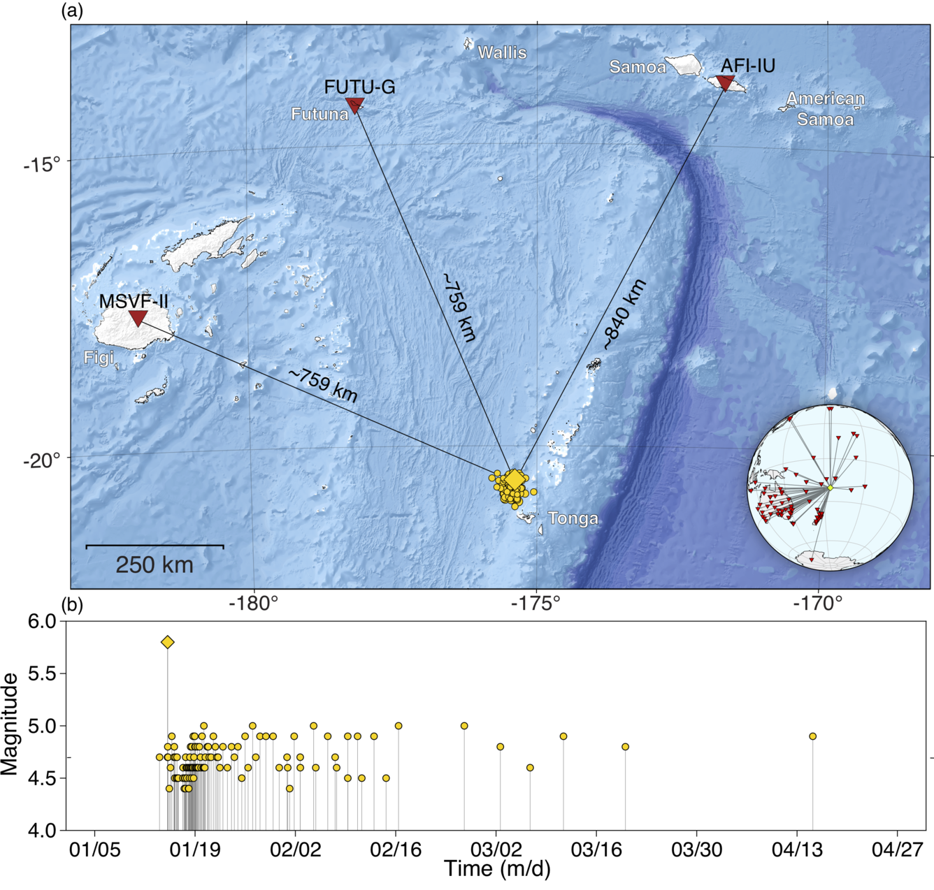 map of study area with bathymetry showing earthquake and seismic station locations