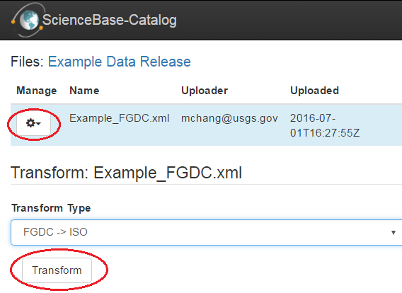 Screenshot of the ScienceBase Files view, showing metadata transform steps