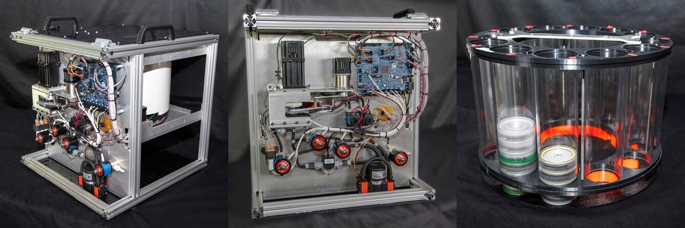 Three paneled image of a new autonomous environmental DNA sampler developed by MBARI and USGS 
