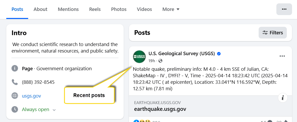 Screenshot of the most recent post from the official USGS Facebook page.