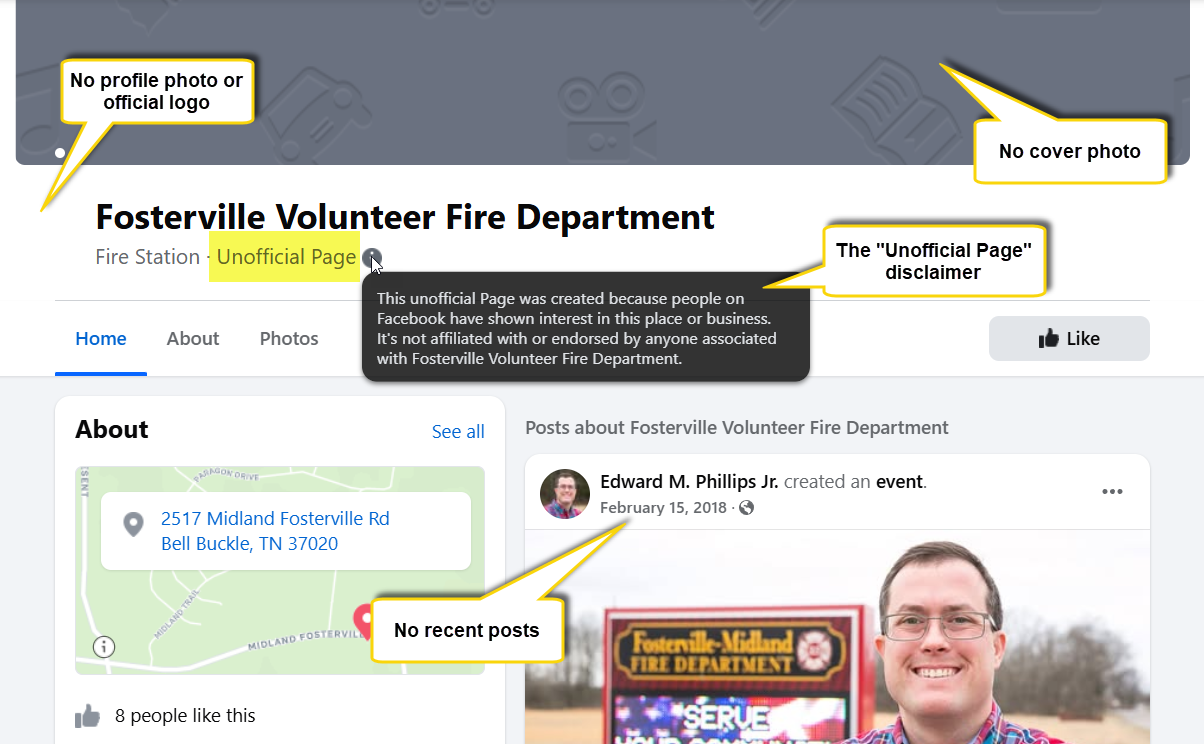 Screenshot of the unofficial Fosterville Volunteer Fire Department Facebook page.