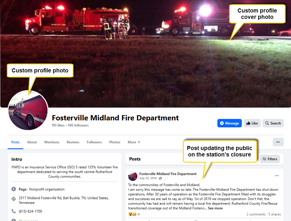 Screenshot of the official Fosterville Volunteer Fire Department Facebook page.