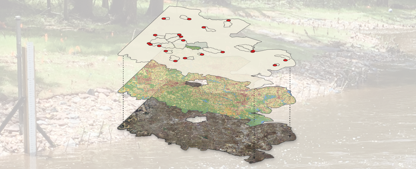 3 overlapping GIS layers showing Fairfax county aerial imagery, land use, and water monitoring stations.