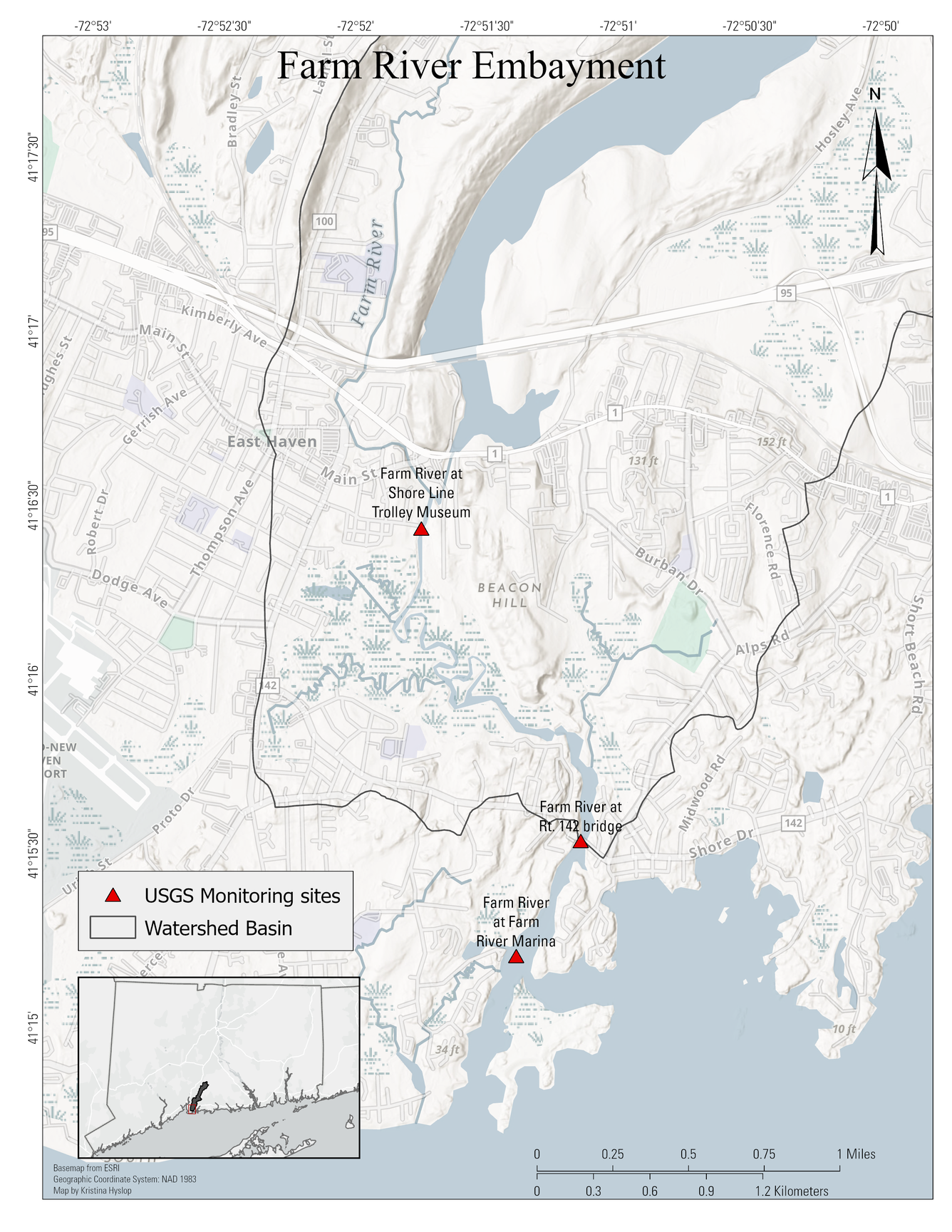 Map of Farm River embayment and water quality site locations.