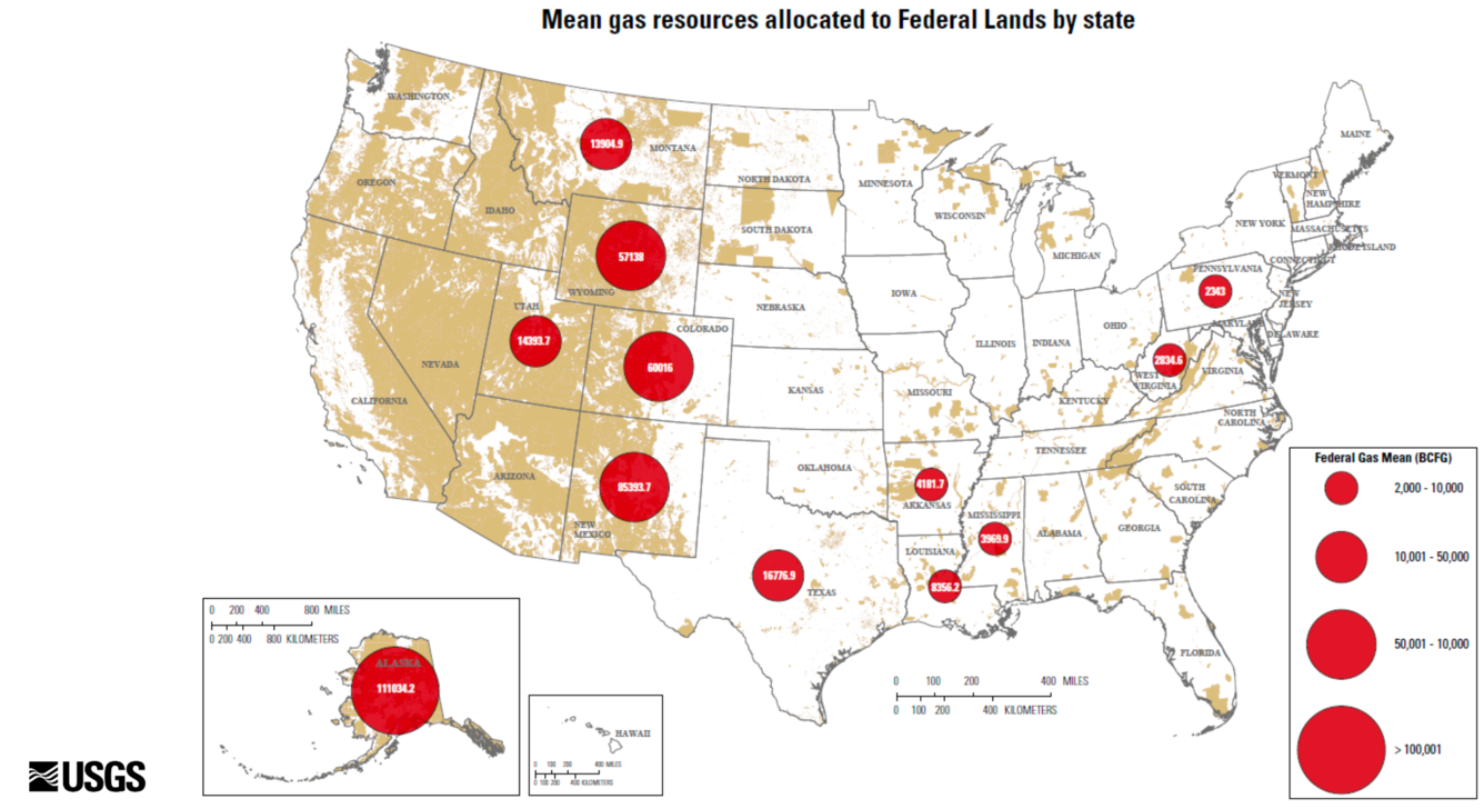 Map of the United States showing public lands in brown, with red circles showing estimated