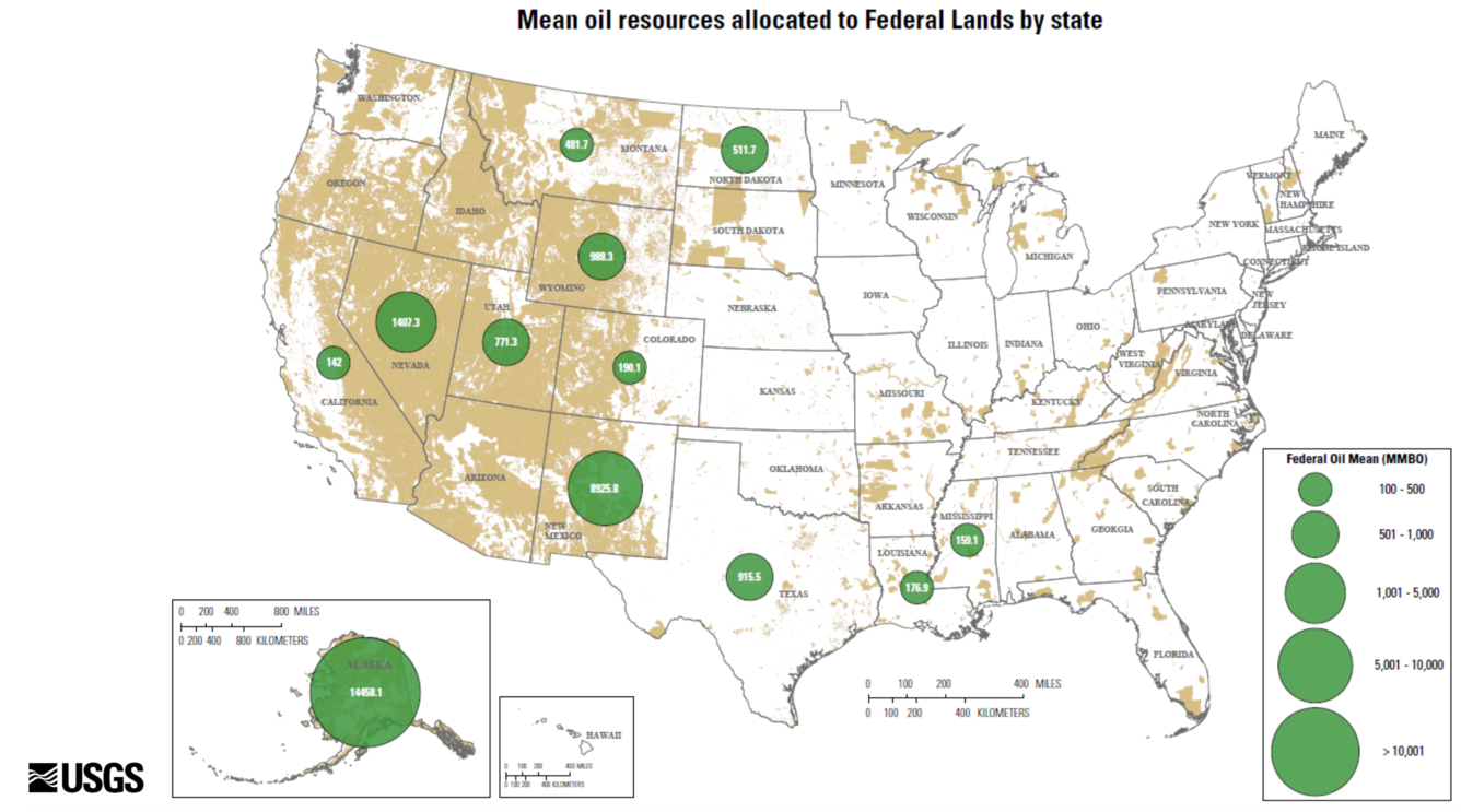 Map of the United States showing public lands in brown, with green circles showing estimated undiscovered natural gas resources under federally managed public lands, by state.
