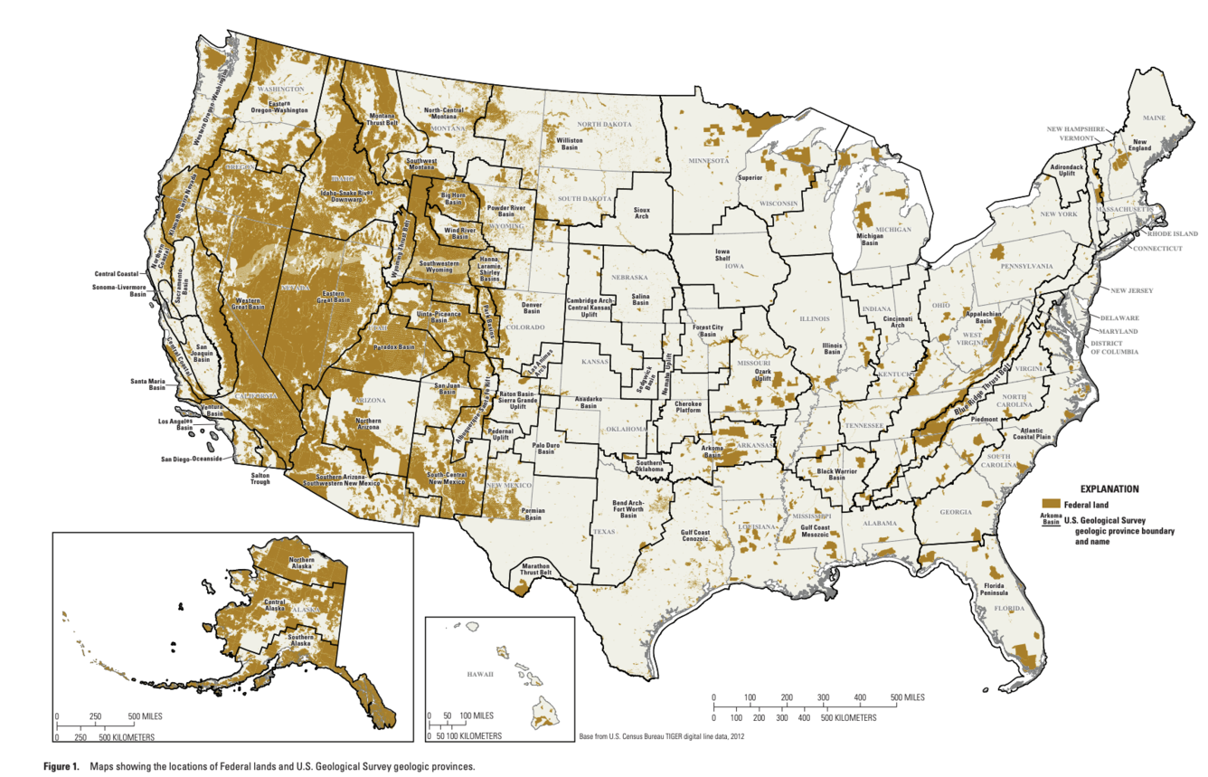 Map of the United States showing public lands in brown.