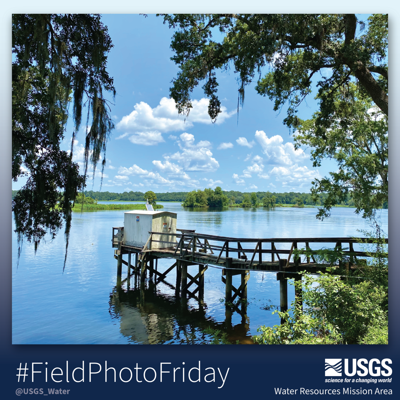 Photograph of USGS gage number 02172020 on the Cooper River at Pimlico, SC on a sunny day. 