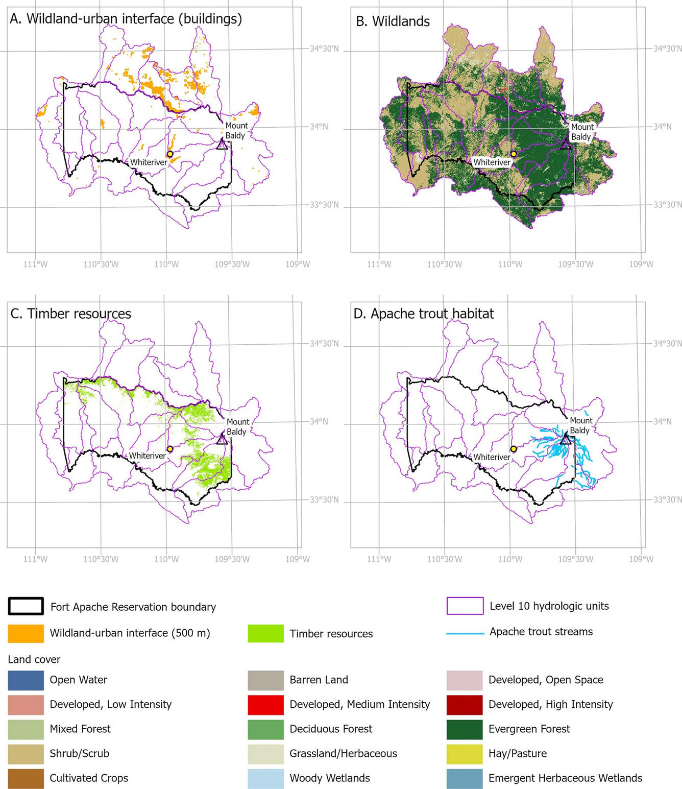 Four maps of the Fort Apache Reservation showing the risk of wildfire to buildings, wildlands, timber and apache trout