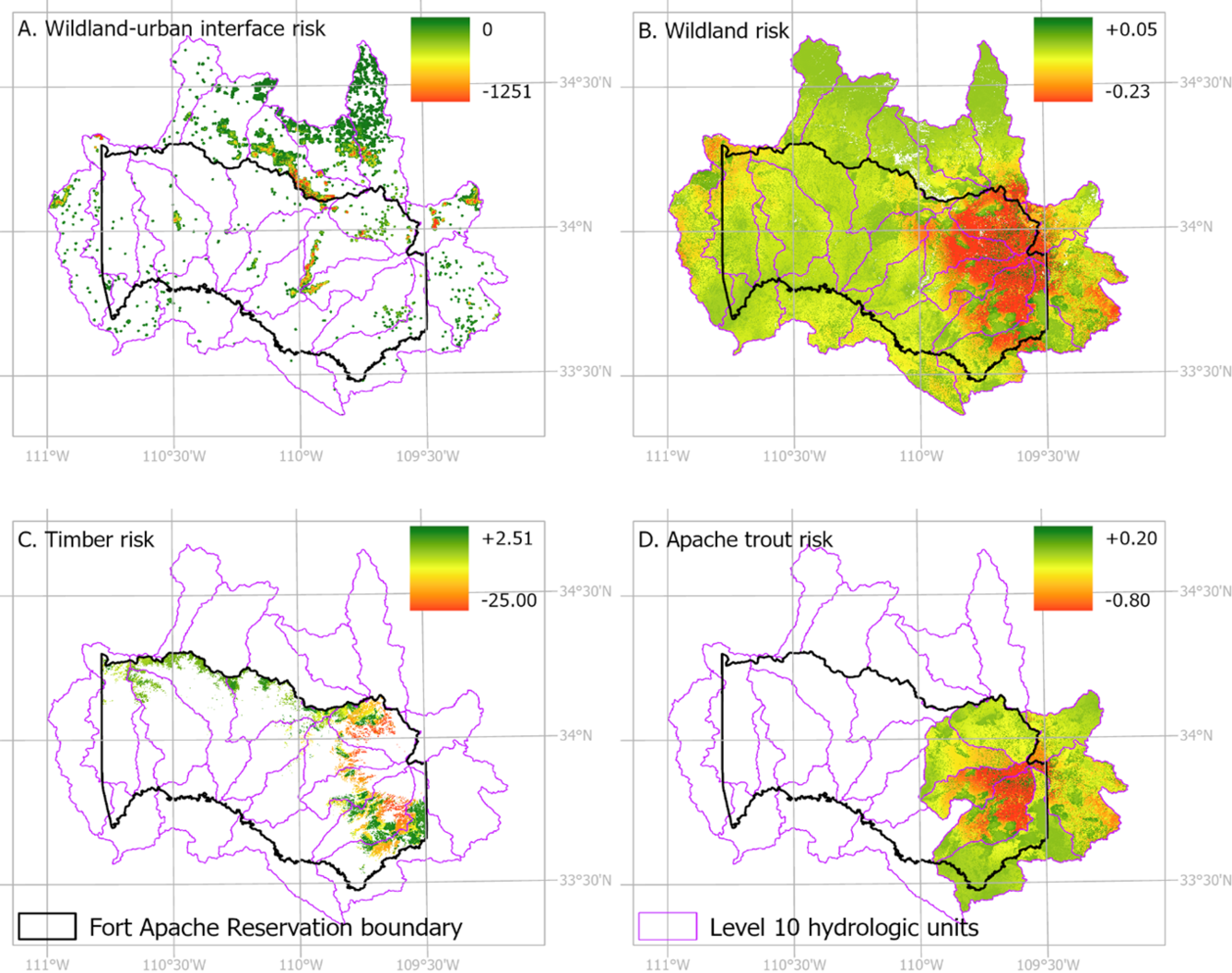 Four maps of the Fort Apache Reservation showing risk of wildfire to various resources, identified with red and green colors