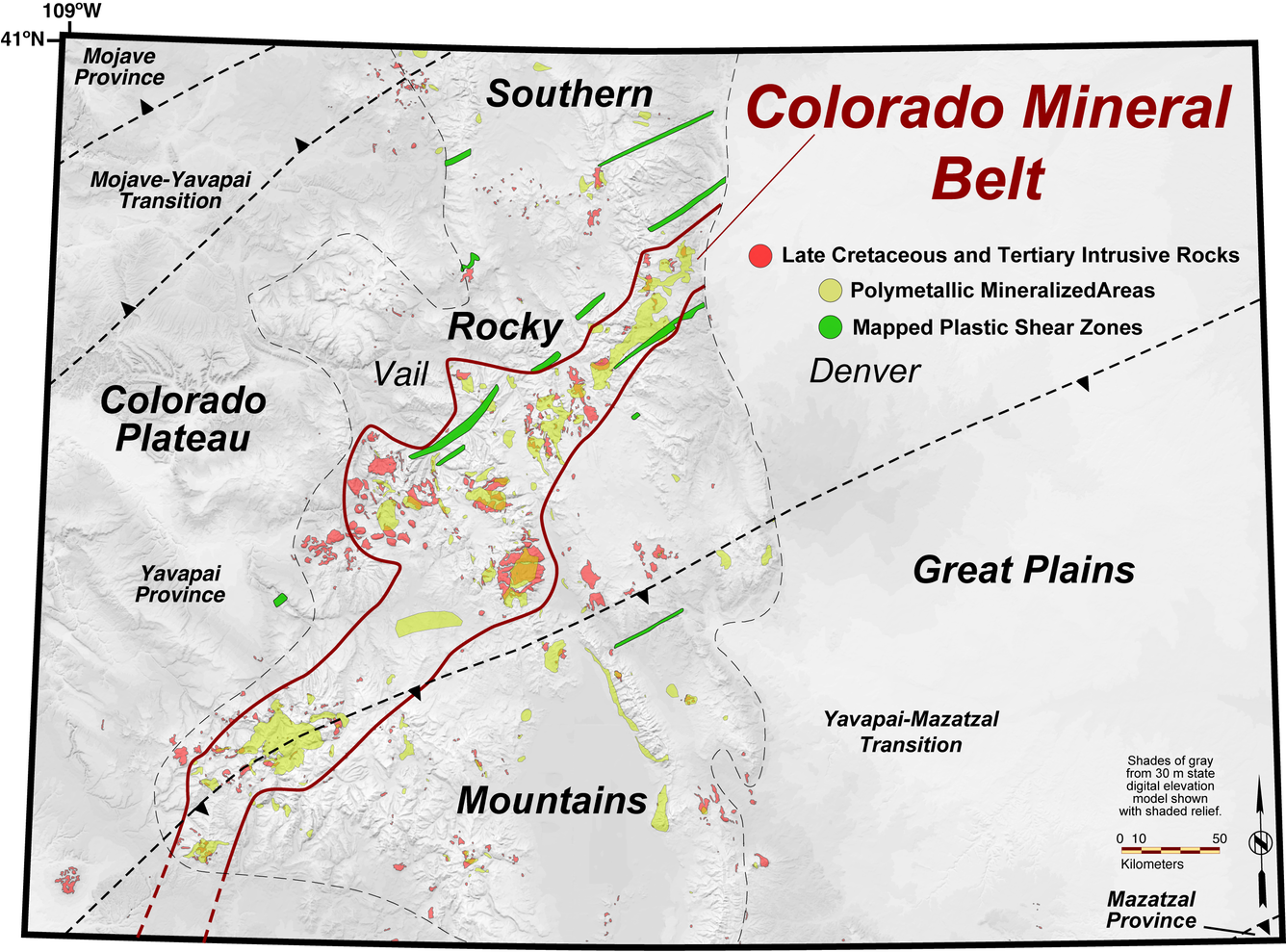 map of Colorado with outline of mineral belt shown