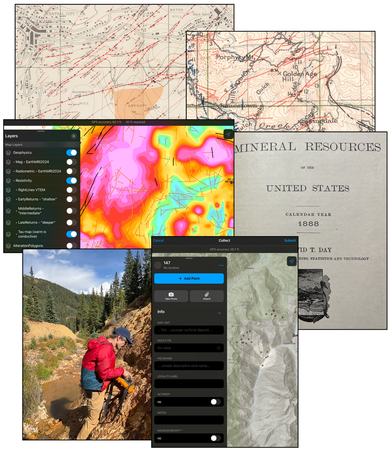 collage of maps, report, tablet data view, researcher in field