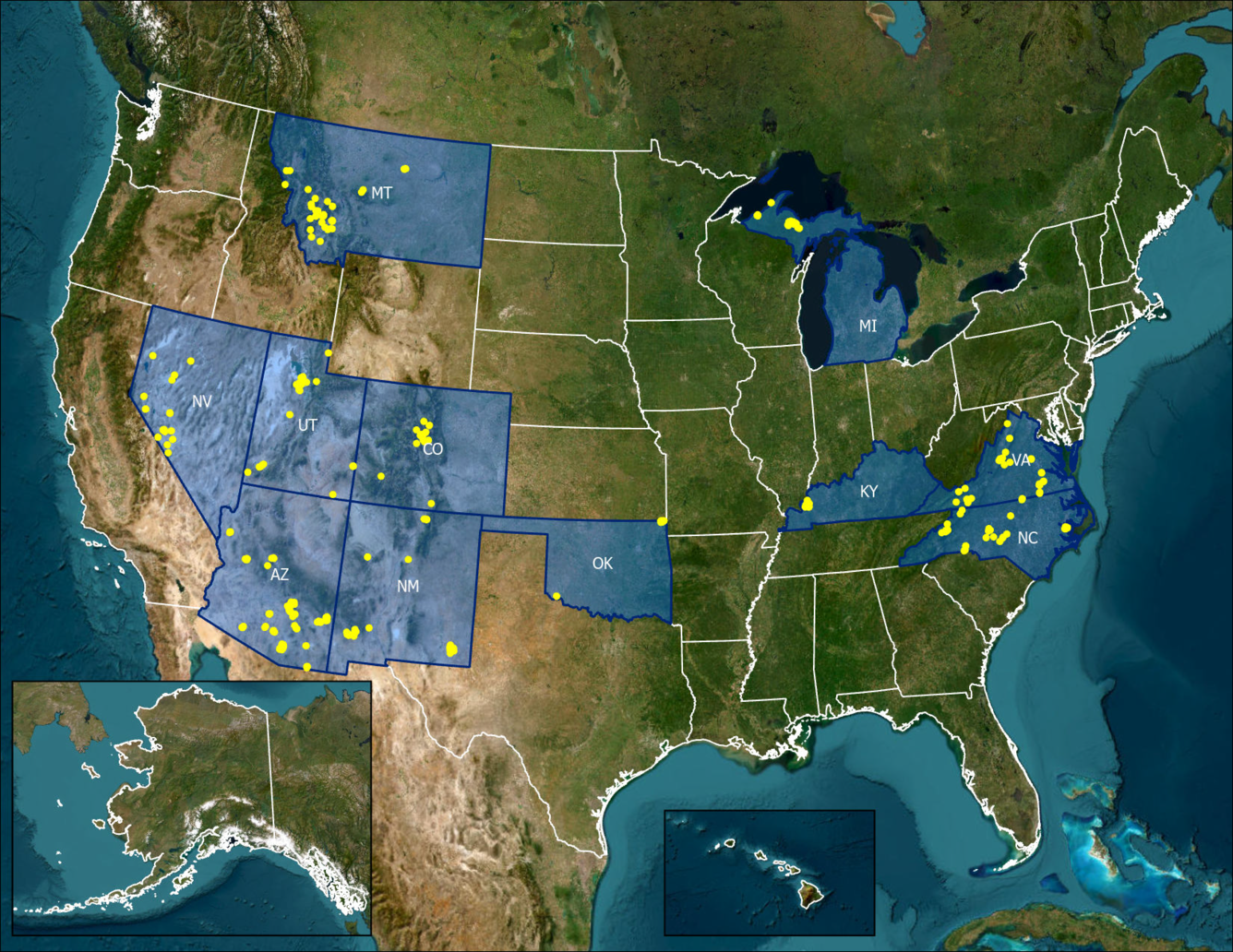 U.S. map with mine waste locations marked with yellow points