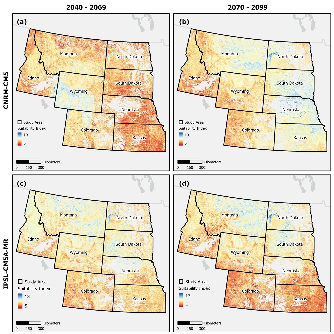 4 different maps of riparian refuge quality with different shaded colors of reds, yellows, and blues.