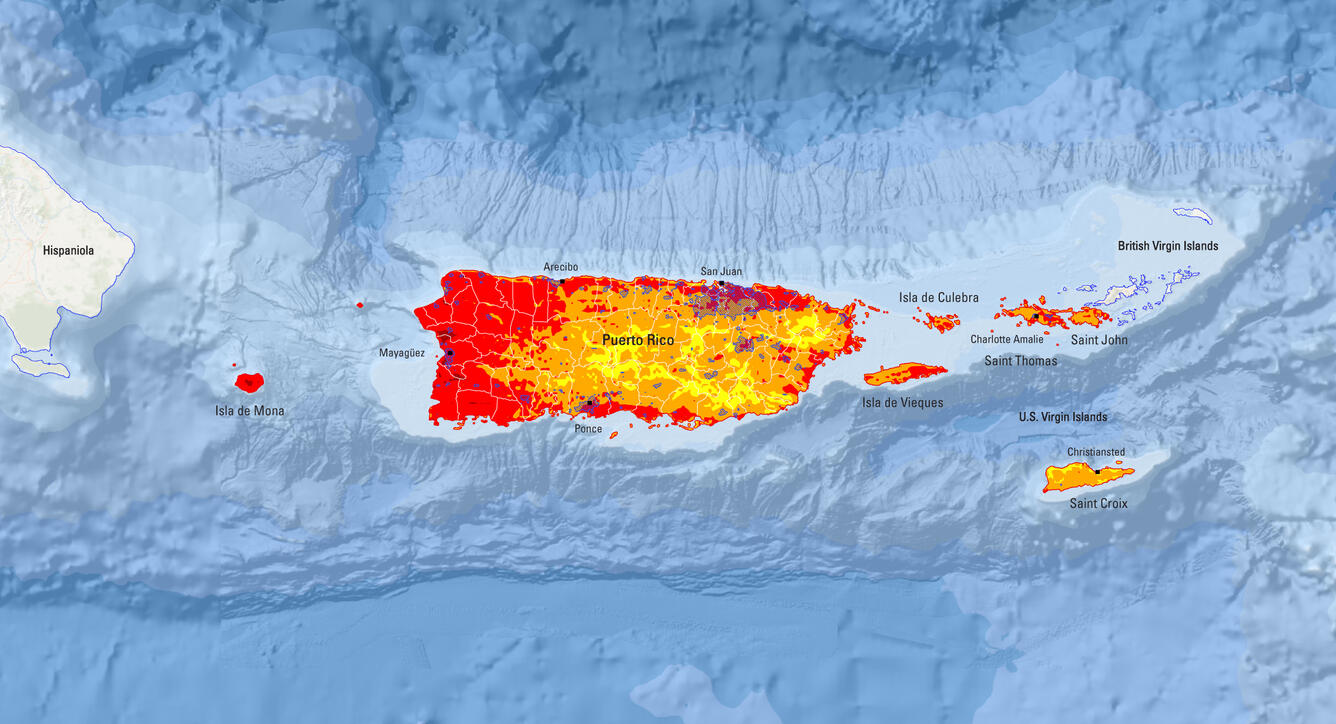 2025 USGS National Seismic Hazard Model for Puerto Rico and U.S. Virgin Islands Chance of Damaging Shaking Map