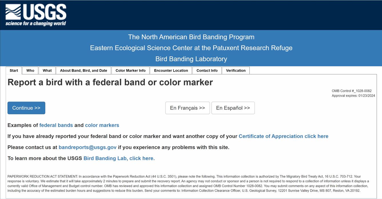 a screenshot the the bird banding programs report a bird with a federal band or color marker website homepage