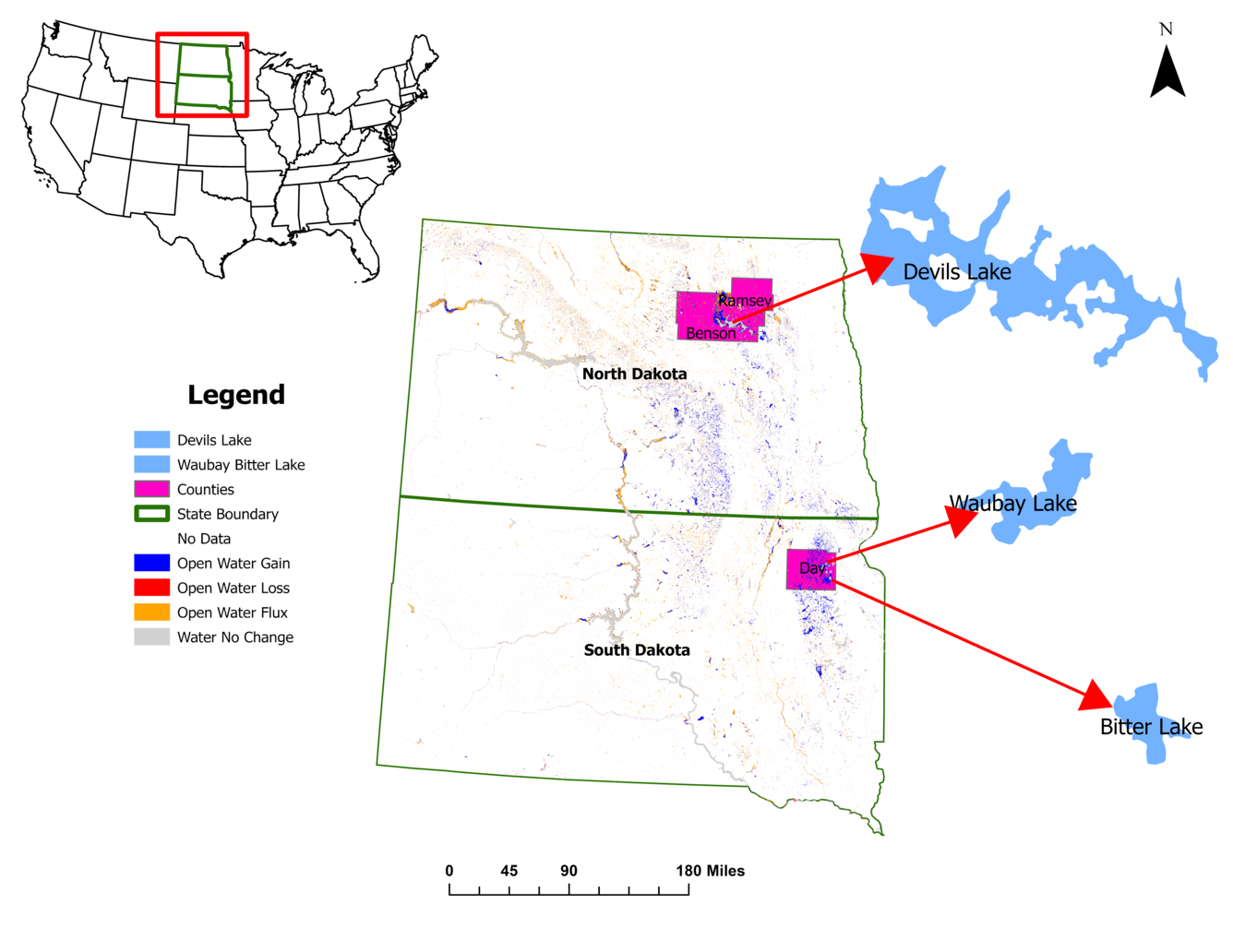 A map of the United States small, with another map of North Dakota and South Dakota and a legend