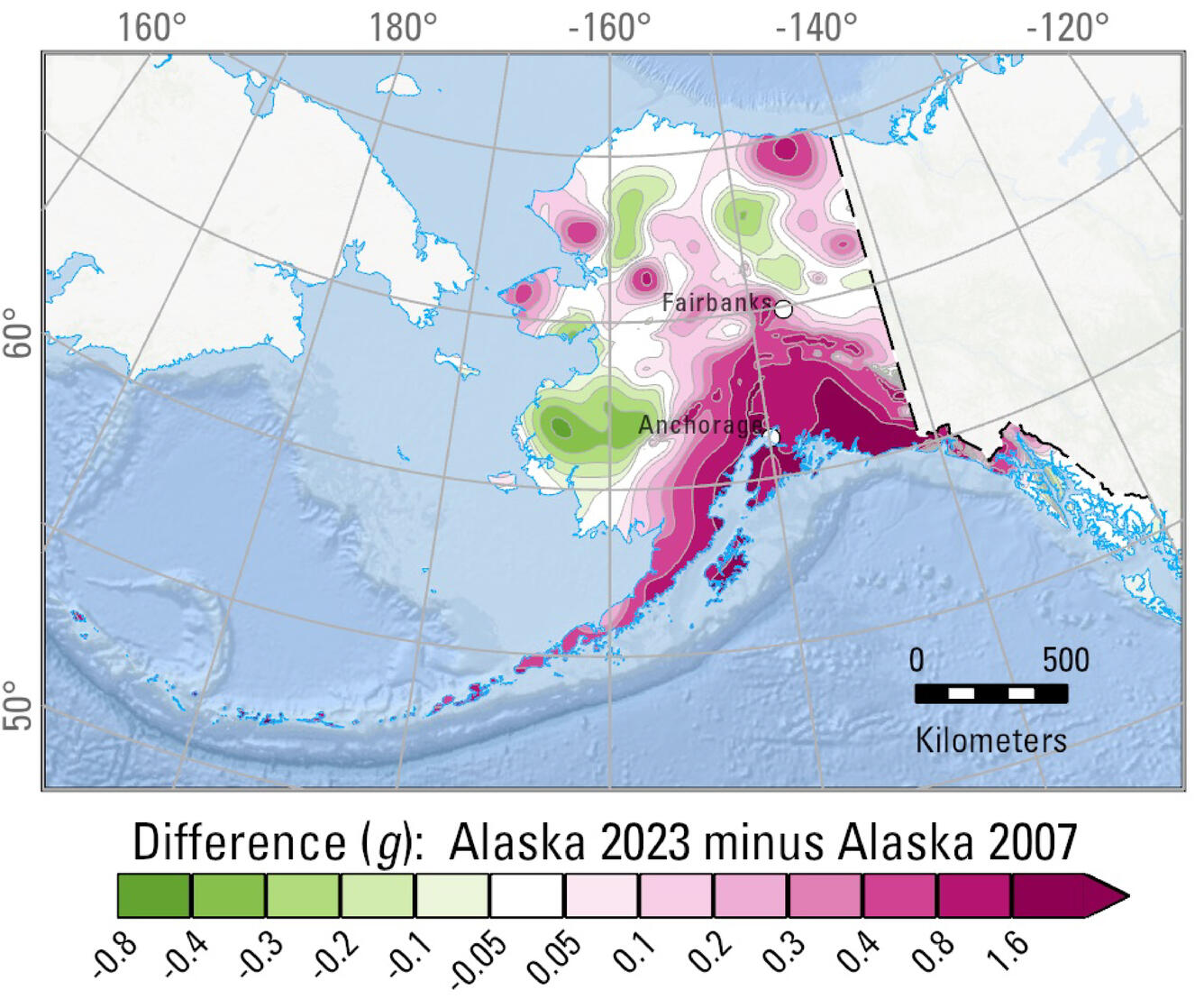 A difference map of Alaska from the 2023 update of the NSHM showing relative change between the 2007 and 2023 model.