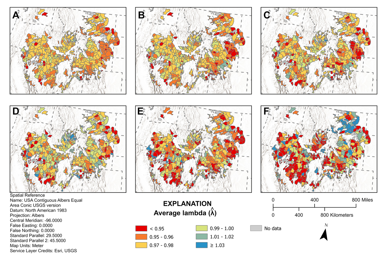 maps of western united states with color polygons displaying different population trends