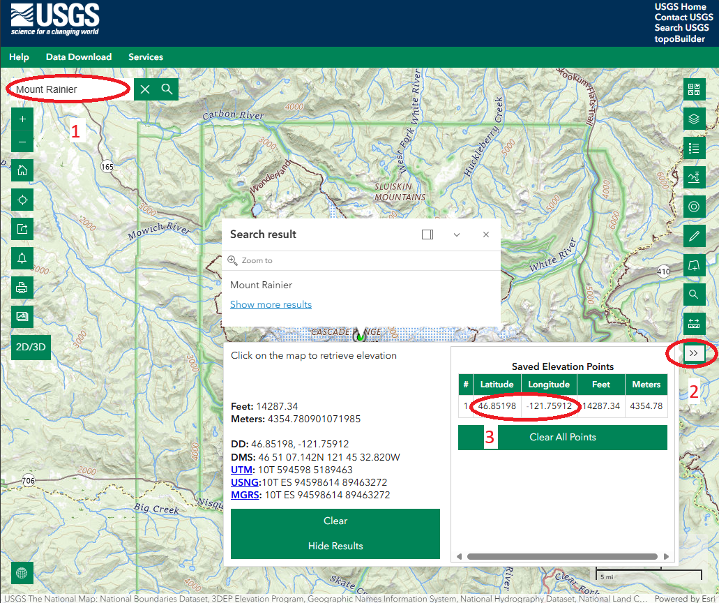 Screenshot of TNM viewer showing steps to find the coordinates for Mount Rainier with numbered steps in red.