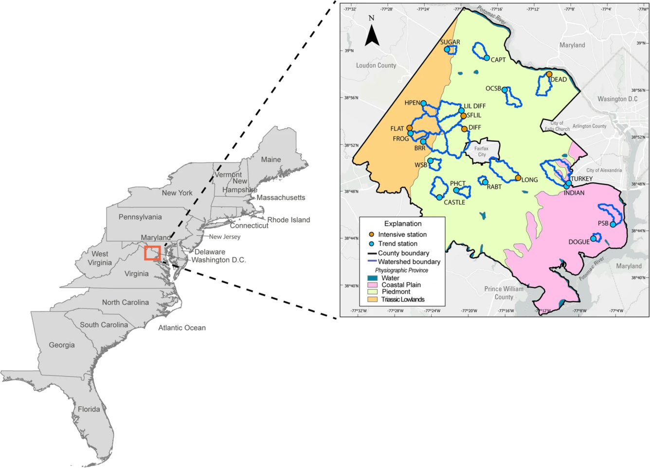 Location of study area along the east coast of the United States in Fairfax County, Virginia.