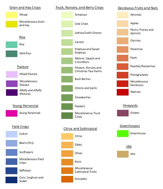 A legend with dozens of color blocks with crop types