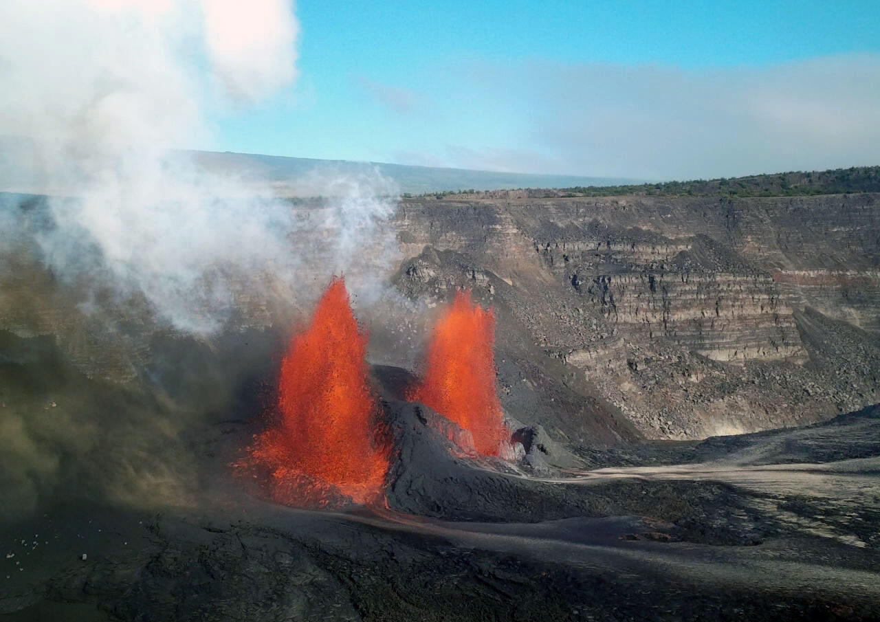 Color photograph of lava fountaining