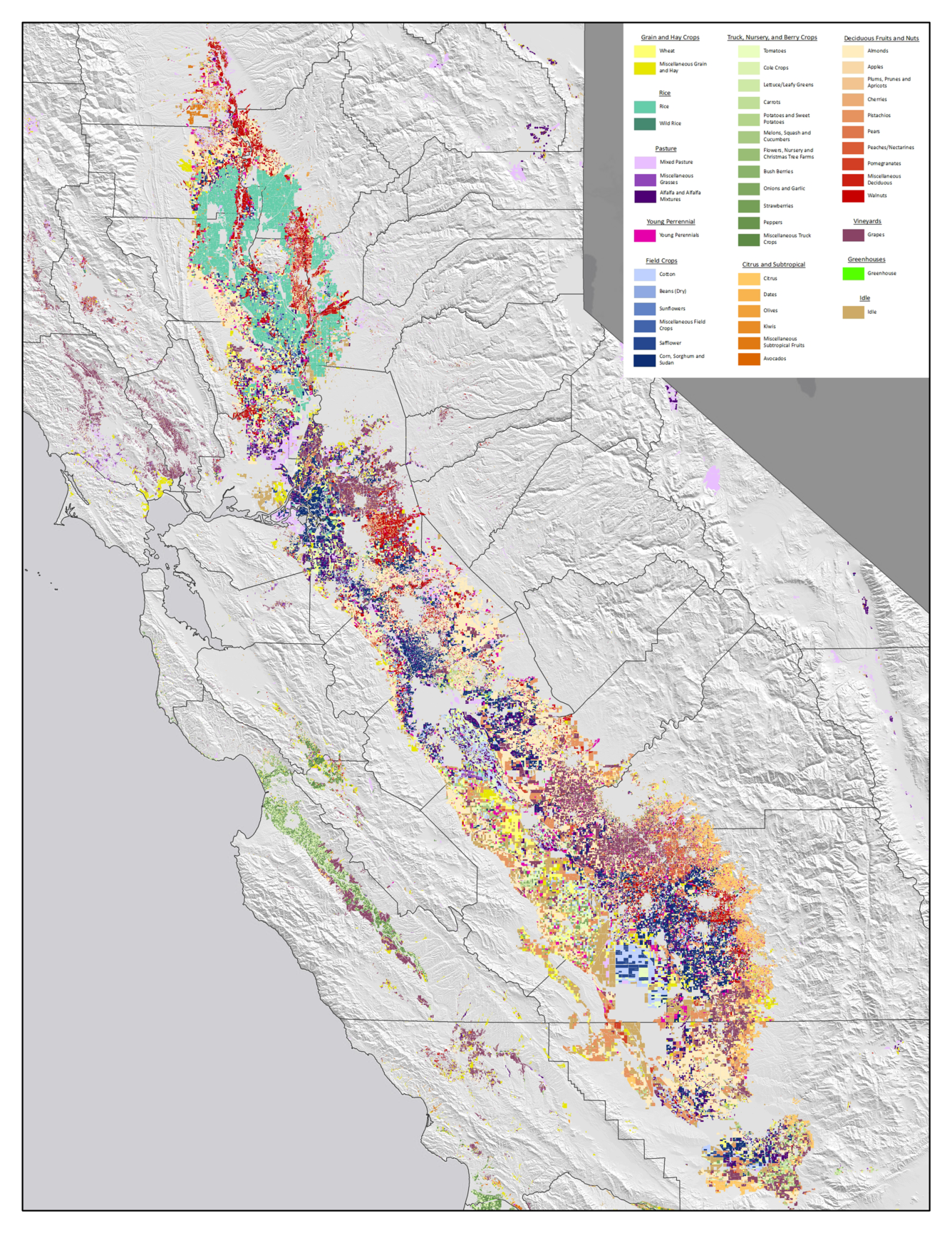 A vertical map of the central part of California with a strip of a variety of colors mostly down the middle
