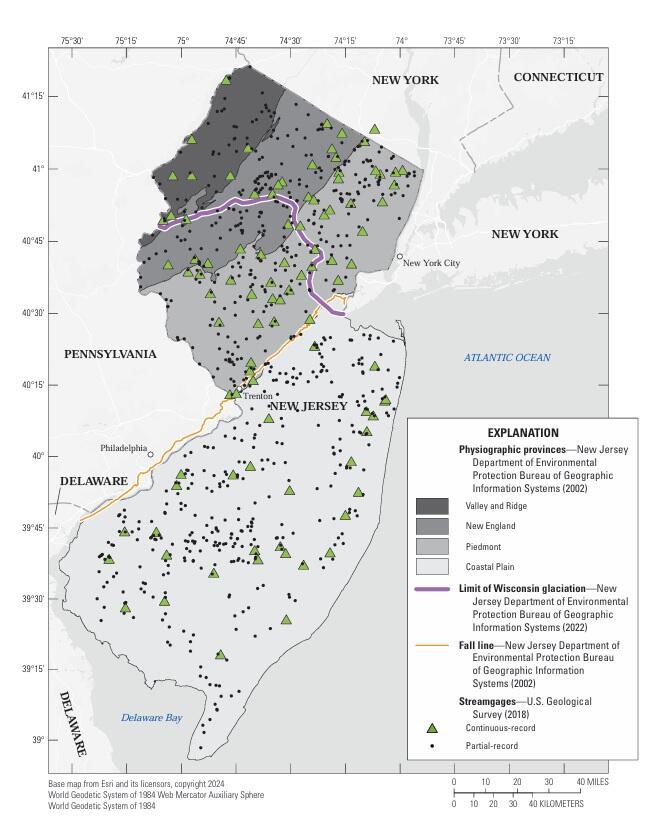Map showing the locations of Streamgages in New Jersey