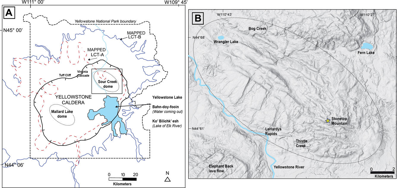 Left panel is line drawing of Yellowstone region; right panel has shaded relief of a domal area cut by valleys