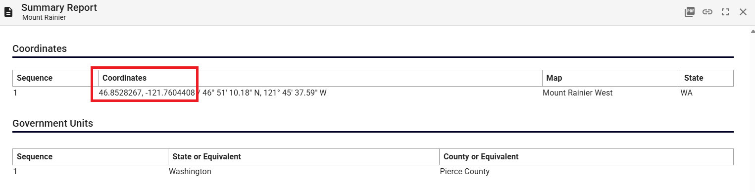 Screenshot of GNIS search tool summary report for the summit named "Mount Rainier" with coordinates noted with red box.