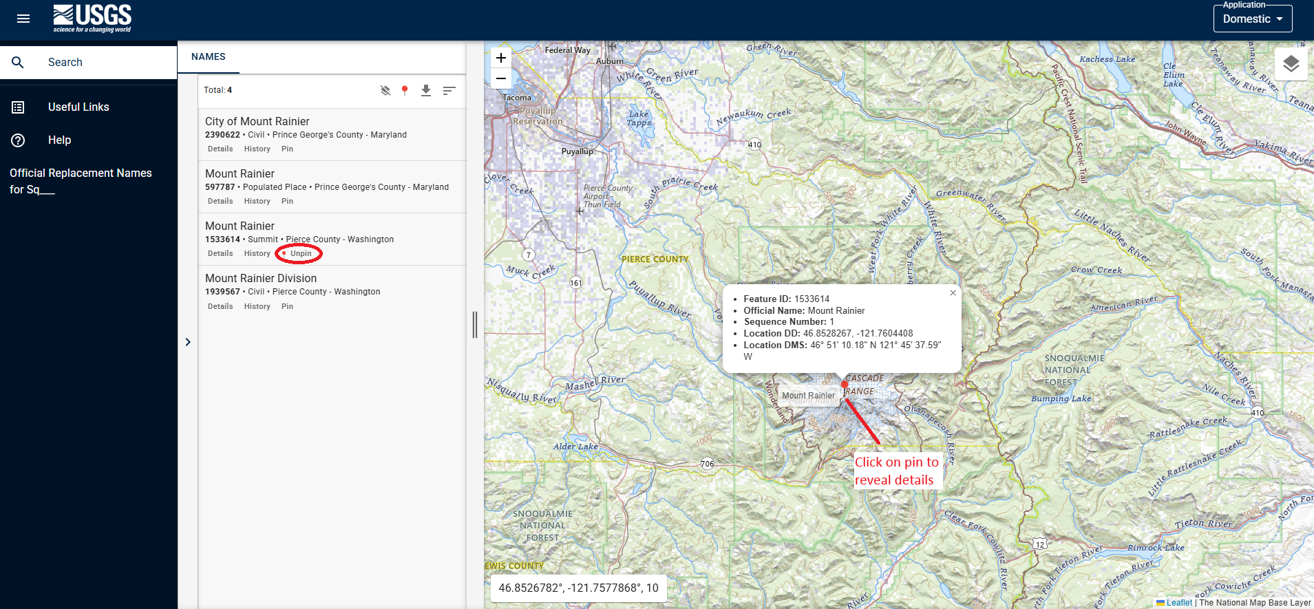 Screenshot of GNIS search tool results for the name "Mount Rainier" showing how to pin the feature on map and get details.