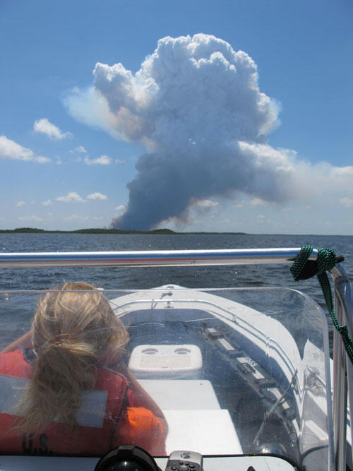 A woman in a boat looks out at a fire far away and across the water.