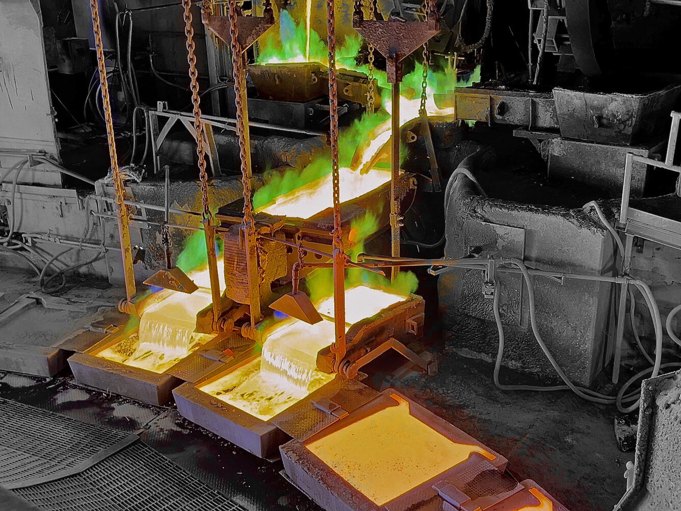 An image inside of a cooper processing plant. Molten cooper can be seen pouring into molds