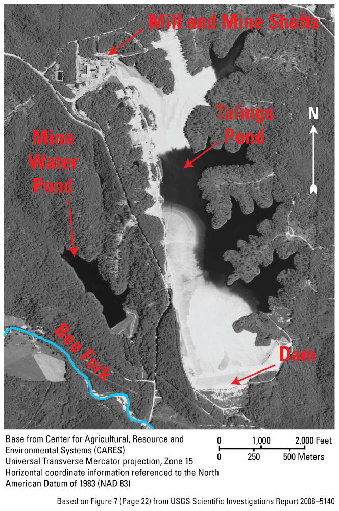 Gray and white aerial image of the Fletcher Mine area