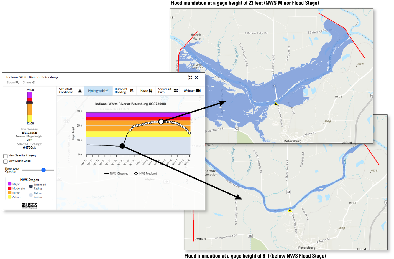 illustration showing the difference in flood inundation areas between low and high streamflow conditions