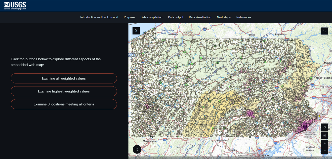 Screeenshot showing map of Pennsylvania with multi-colored dots of different sizes