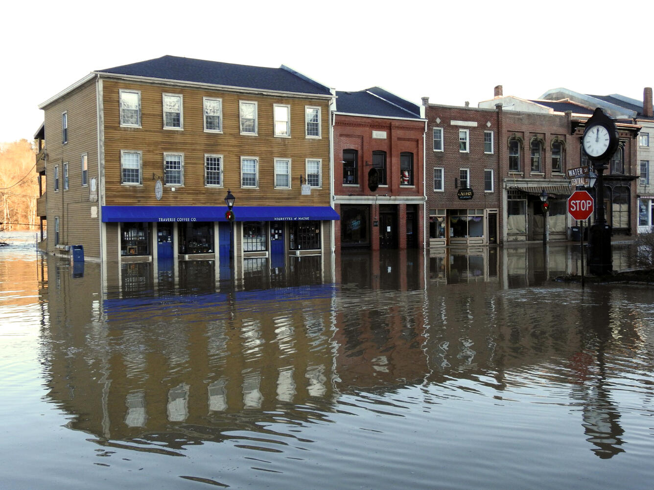 The Kennebec River flooded in downtown Hallowell, Maine, after a heavy rainstorm