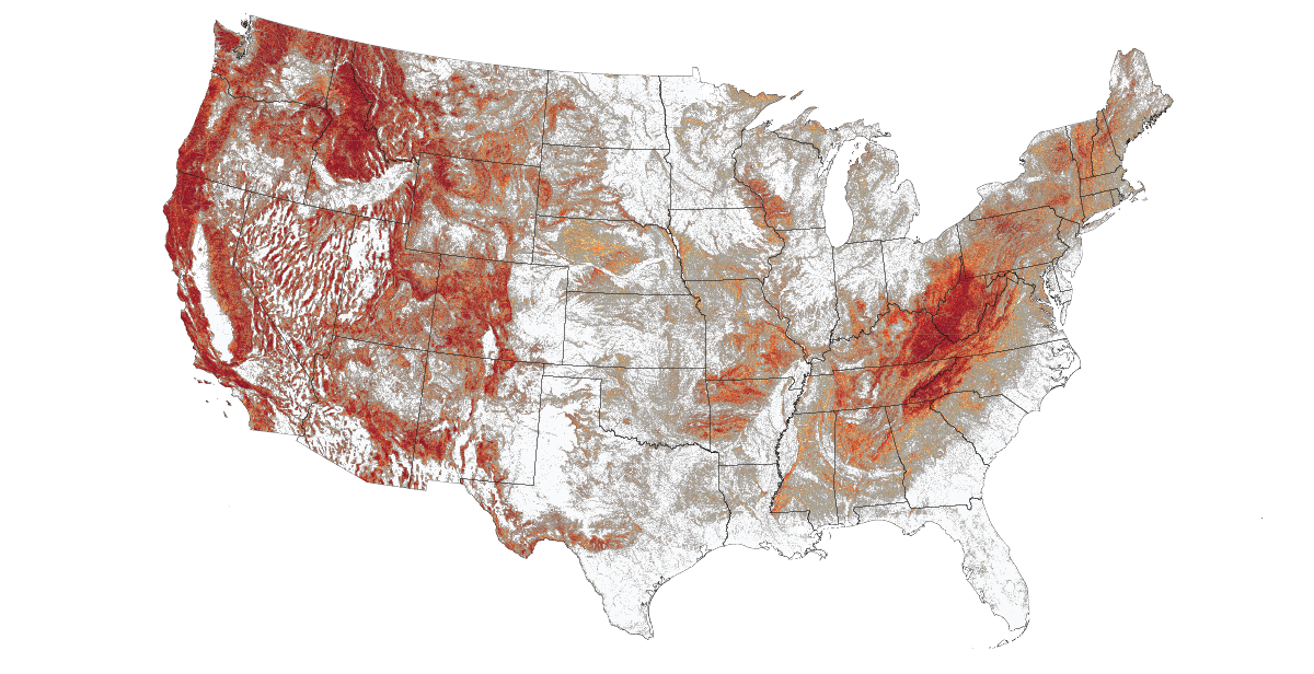 Map of the continental US with multiple colors showing landslide susceptibility