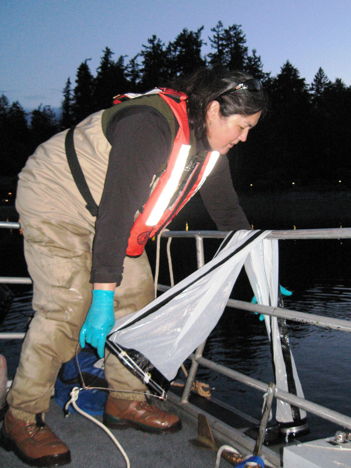 A woman pulls a small fish net over the side of a boat.