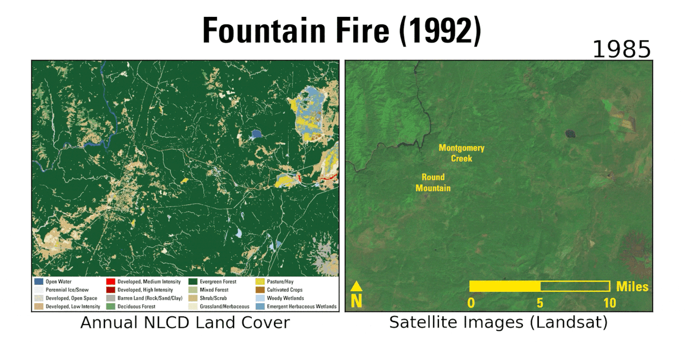 Two side-by-side animations of fire and recovery on the landscape in various greens and browns