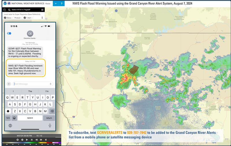 A map showing a radar image during a storm and a screenshot next to the map of alerts on a phone screen