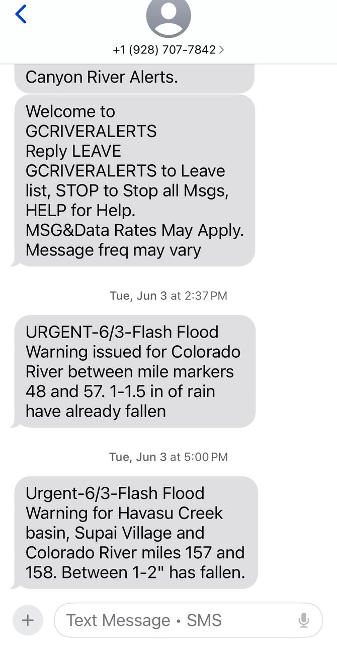 A series of texts from the Grand Canyon River Alert system with flash flood warnings for the Colorado River basin