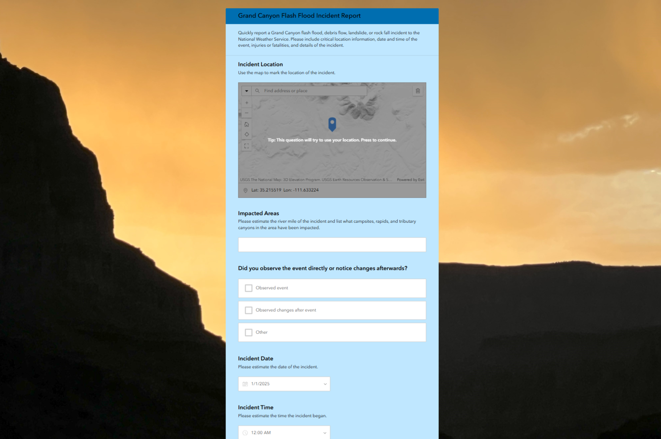 Grand Canyon community science natural hazard event reporting app screenshot