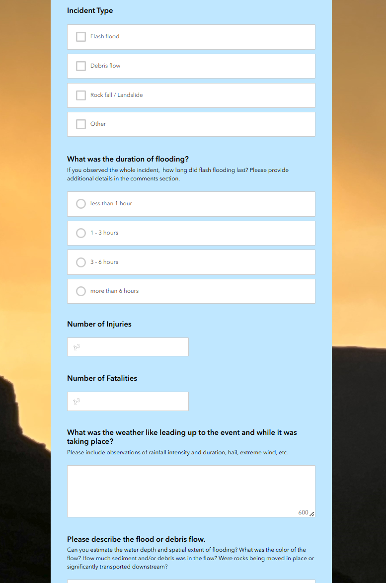 Grand Canyon community science natural hazard event reporting app screenshot