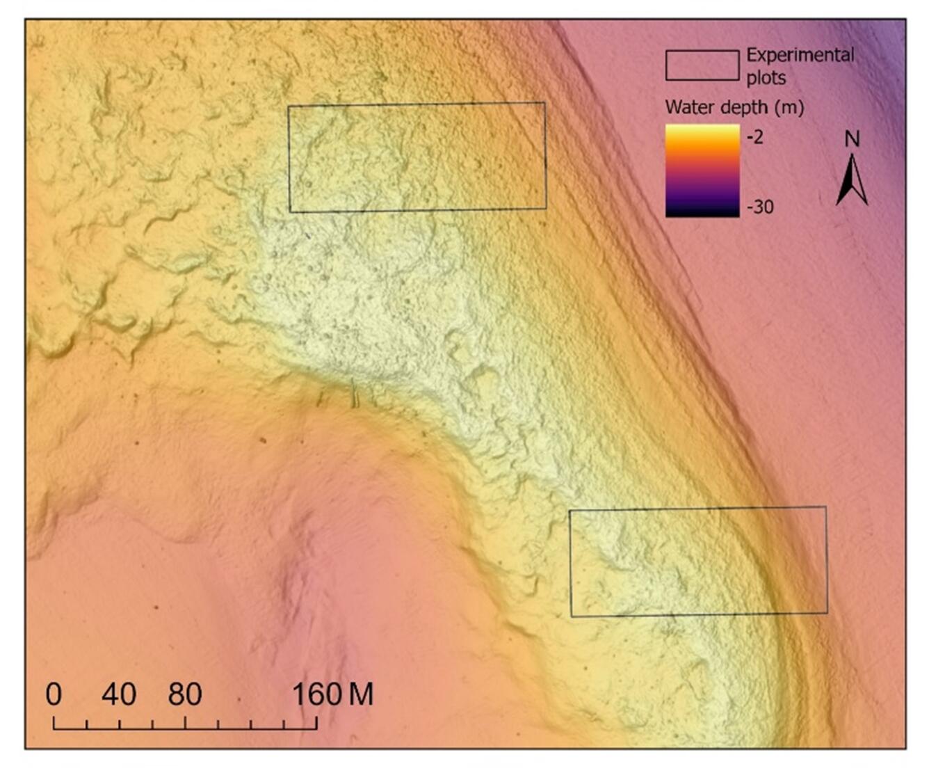 Bathymetric plot in color indicating two experimental areas and a depth from -2 to -30 and a distance scale of 0 to 60 meters